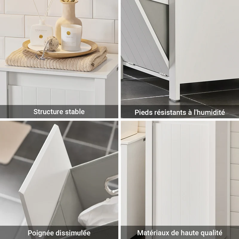 SoBuy BZR100-W Armoire à Linge avec Panier Rabattable et Sac Amovible à Poignées – L45×P35×H85,5 cm, Charge 15 kg, MDF E1, Blanc