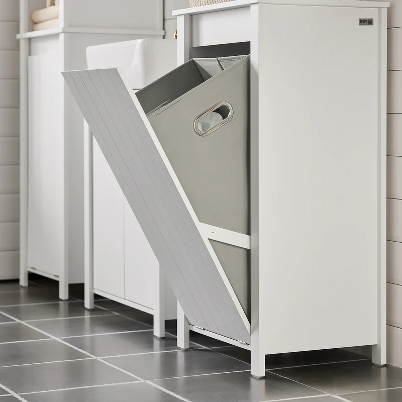 SoBuy BZR100-W Armoire à Linge avec Panier Rabattable et Sac Amovible à Poignées – L45×P35×H85,5 cm, Charge 15 kg, MDF E1, Blanc