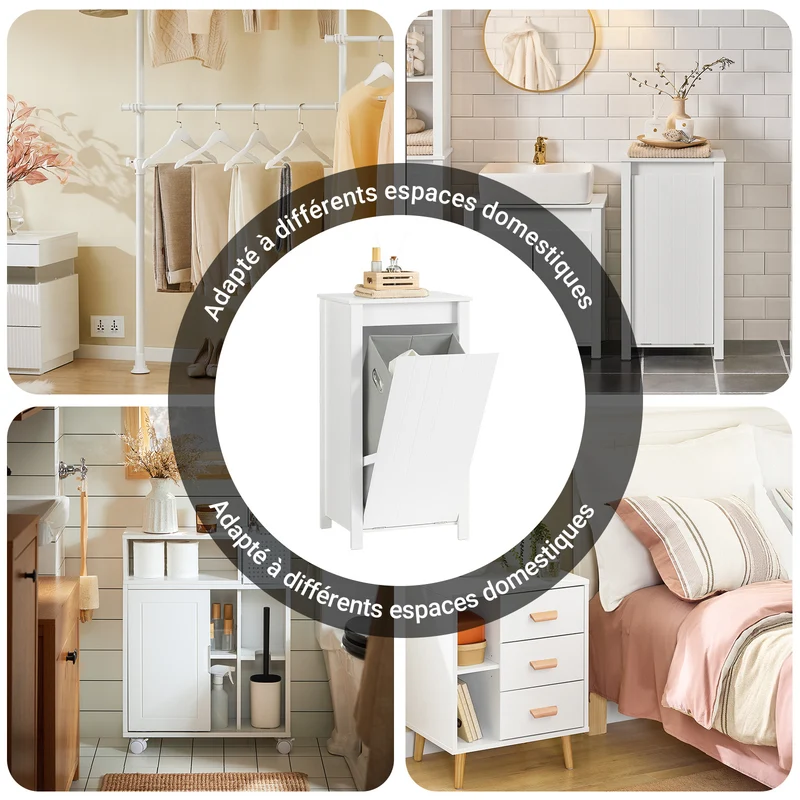 SoBuy BZR100-W Armoire à Linge avec Panier Rabattable et Sac Amovible à Poignées – L45×P35×H85,5 cm, Charge 15 kg, MDF E1, Blanc