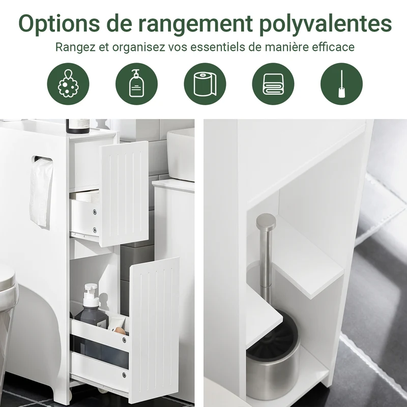 SoBuy BZR111-W Meuble WC Étroit 20 cm sur Roulettes – Rangement Papier Toilette, 2 Tiroirs, Blanc