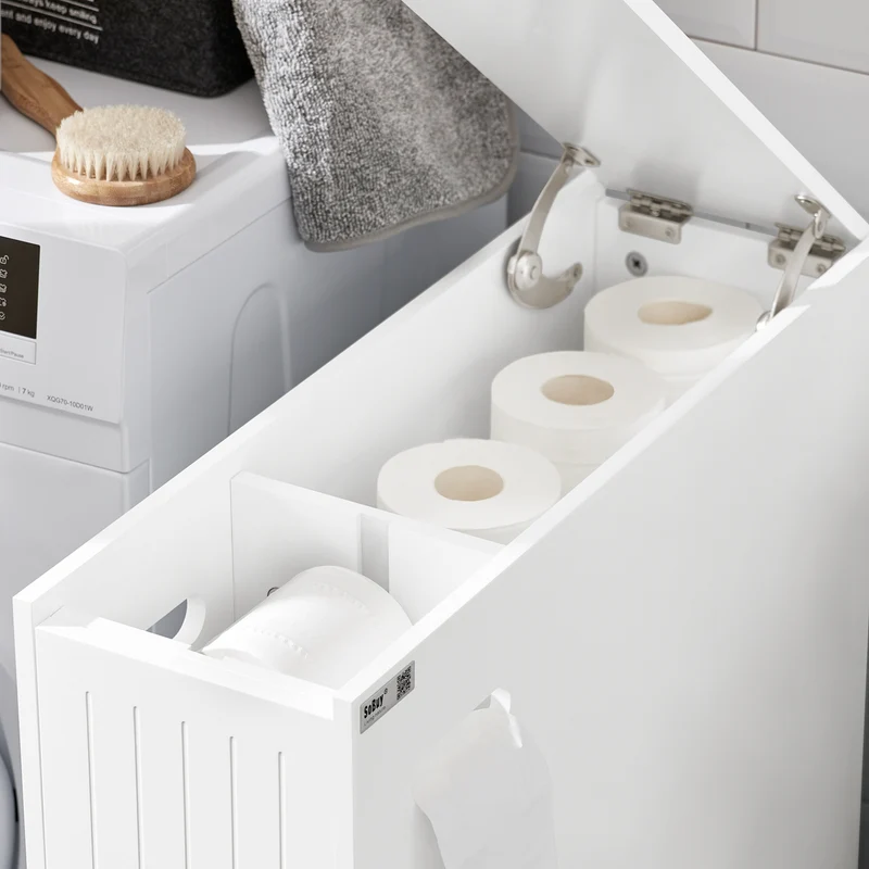 SoBuy BZR111-W Meuble WC Étroit 20 cm sur Roulettes – Rangement Papier Toilette, 2 Tiroirs, Blanc