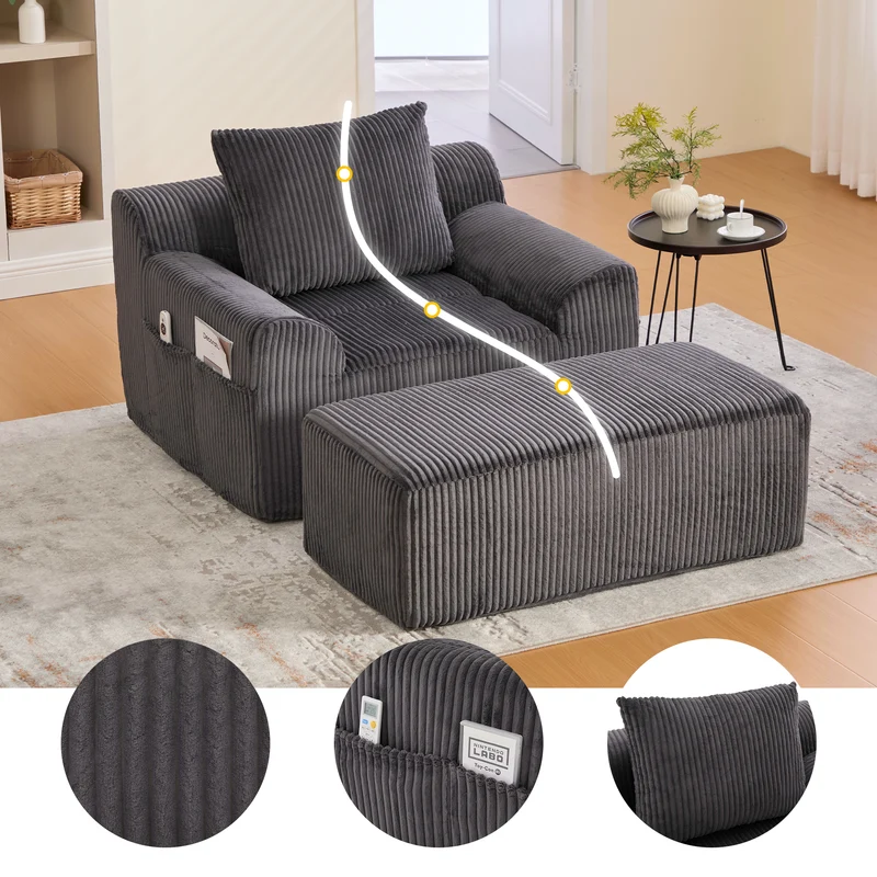 Canapé simple fauteuil XXL en velours côtelé gris, dossier profond, repose pied, coussin & poches latérales, sans montage HOTSPRINGPOOL