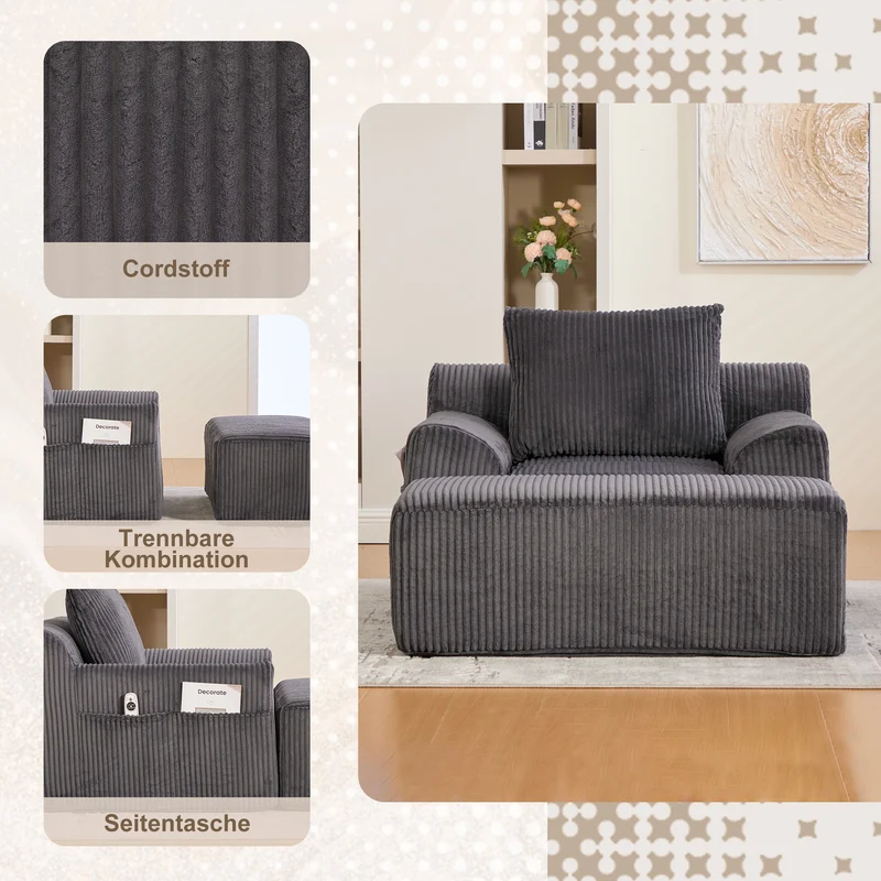 Canapé simple fauteuil XXL en velours côtelé gris, dossier profond, repose pied, coussin & poches latérales, sans montage HOTSPRINGPOOL