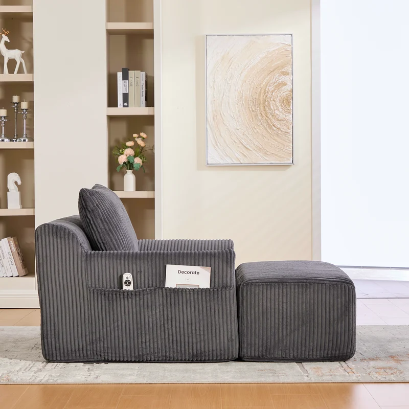 Canapé simple fauteuil XXL en velours côtelé gris, dossier profond, repose pied, coussin & poches latérales, sans montage HOTSPRINGPOOL