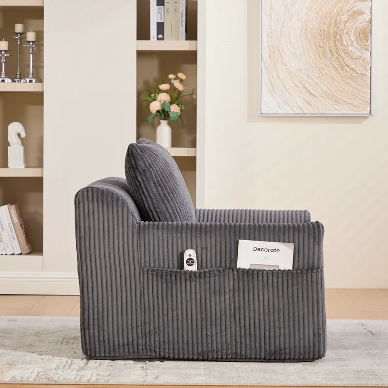 Canapé simple fauteuil XXL en velours côtelé gris, dossier profond, repose pied, coussin & poches latérales, sans montage HOTSPRINGPOOL