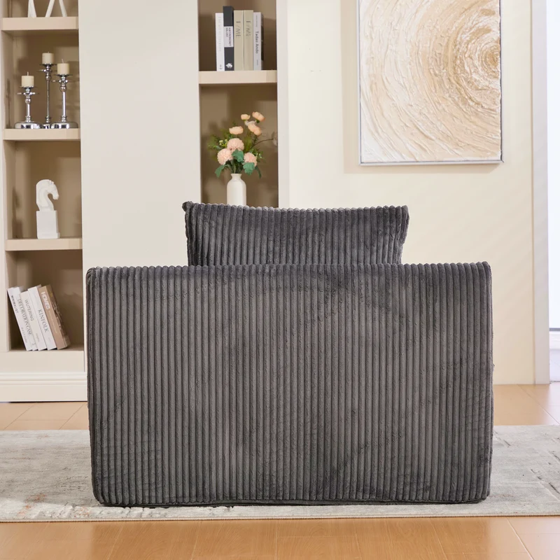 Canapé simple fauteuil XXL en velours côtelé gris, dossier profond, repose pied, coussin & poches latérales, sans montage HOTSPRINGPOOL