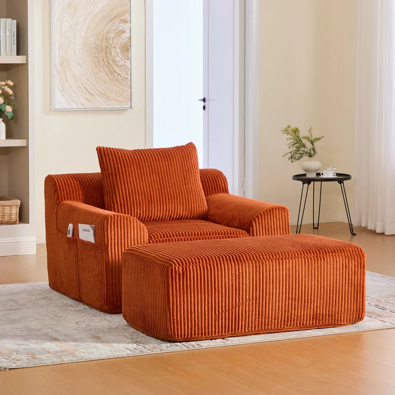 Canapé simple fauteuil XXL en velours côtelé orange, dossier profond, repose pied, coussin & poches latérales, sans montage NEBKHAMOUND