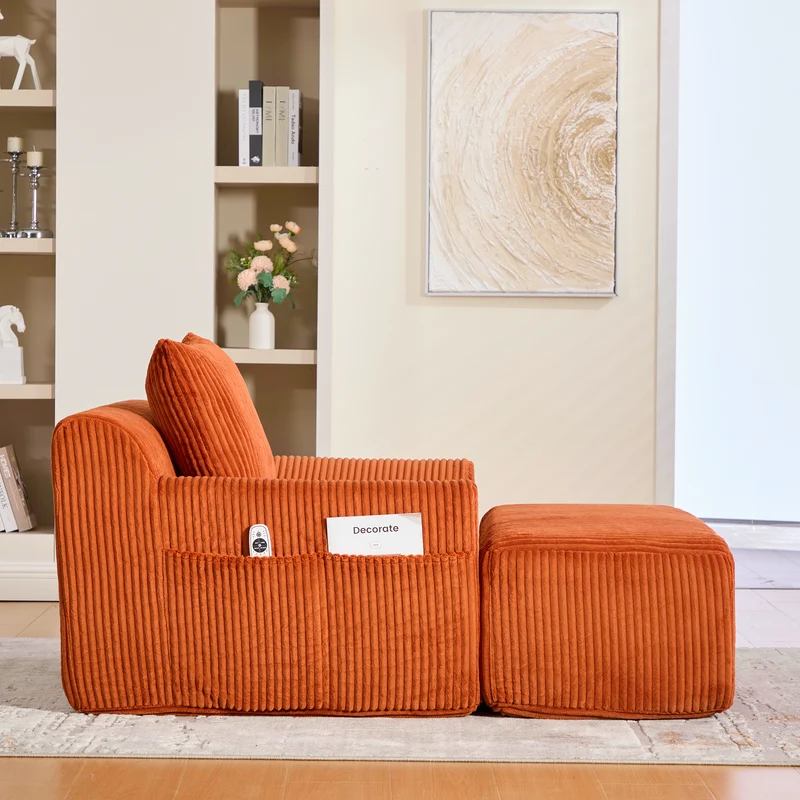 Canapé simple fauteuil XXL en velours côtelé orange, dossier profond, repose pied, coussin & poches latérales, sans montage NEBKHAMOUND
