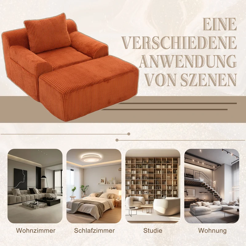 Canapé simple fauteuil XXL en velours côtelé orange, dossier profond, repose pied, coussin & poches latérales, sans montage NEBKHAMOUND