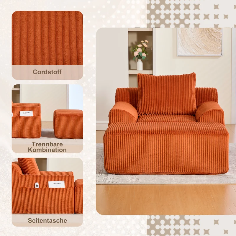 Canapé simple fauteuil XXL en velours côtelé orange, dossier profond, repose pied, coussin & poches latérales, sans montage NEBKHAMOUND