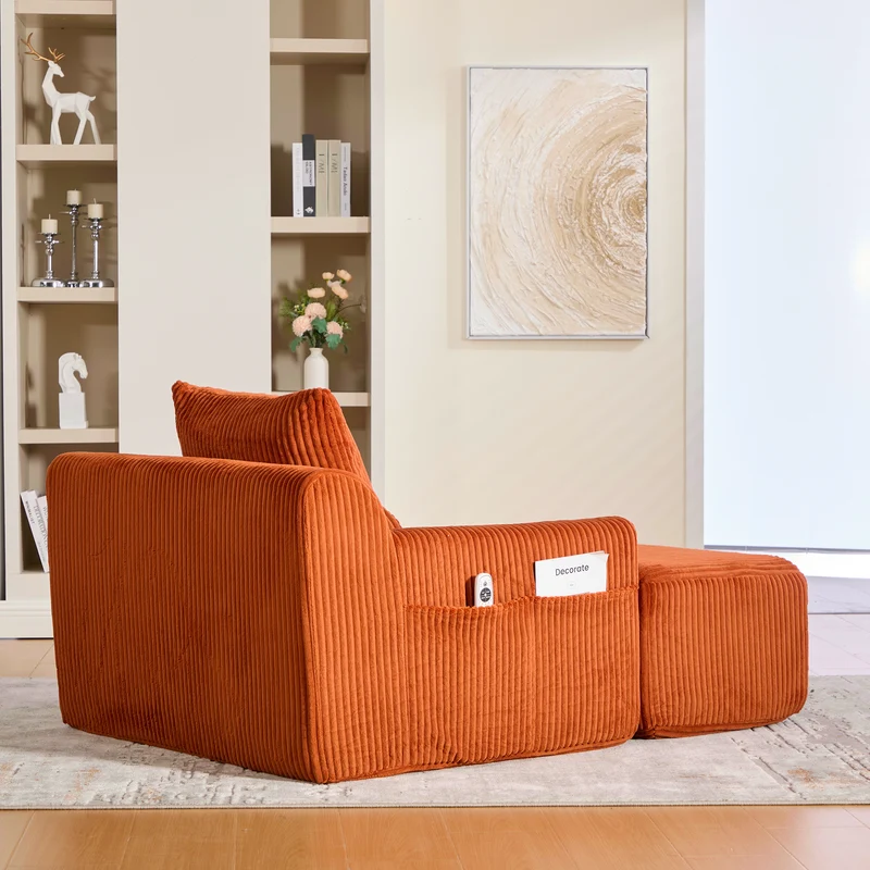 Canapé simple fauteuil XXL en velours côtelé orange, dossier profond, repose pied, coussin & poches latérales, sans montage NEBKHAMOUND