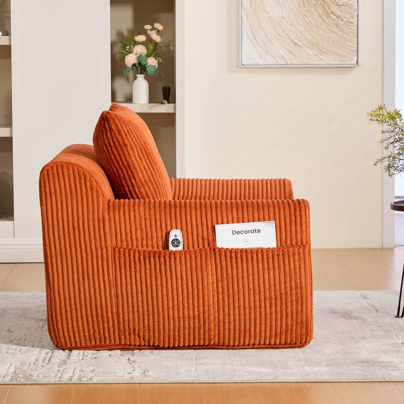 Canapé simple fauteuil XXL en velours côtelé orange, dossier profond, repose pied, coussin & poches latérales, sans montage NEBKHAMOUND