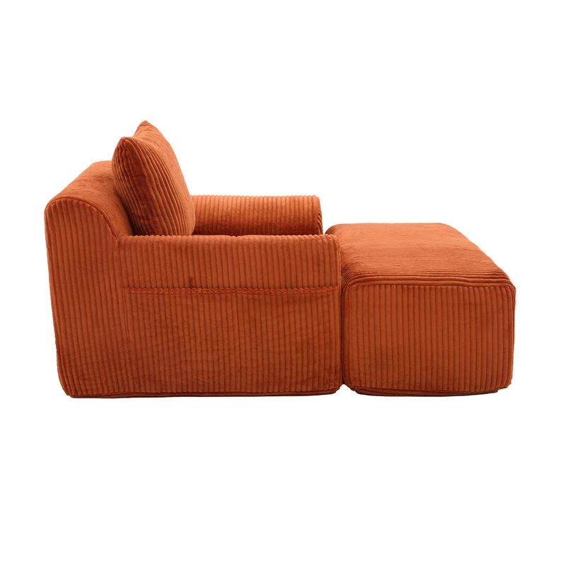 Canapé simple fauteuil XXL en velours côtelé orange, dossier profond, repose pied, coussin & poches latérales, sans montage NEBKHAMOUND