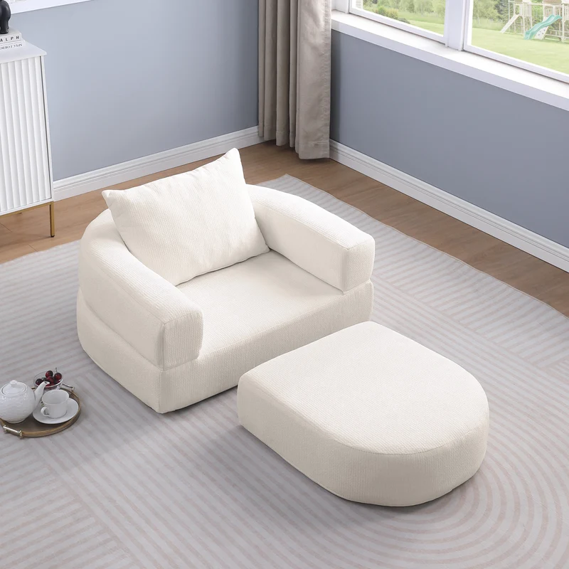 Canapé fauteuil convertible 2-en-1 matelas de sol modulable en chenille blanc avec oreiller intégré SUGARSECRET
