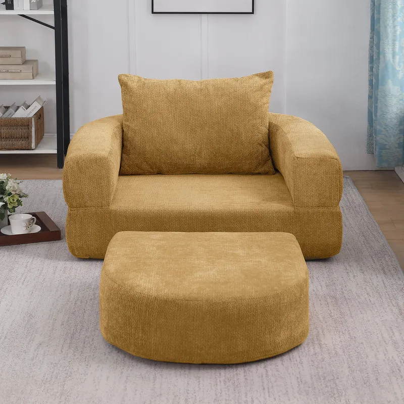 Canapé fauteuil convertible 3-en-1 matelas de sol modulable en chenille jaune avec oreiller intégré DRAGLINE