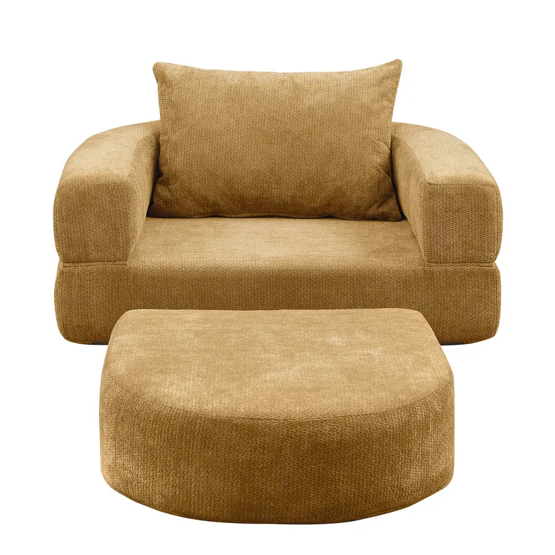 Canapé fauteuil convertible 3-en-1 matelas de sol modulable en chenille jaune avec oreiller intégré DRAGLINE