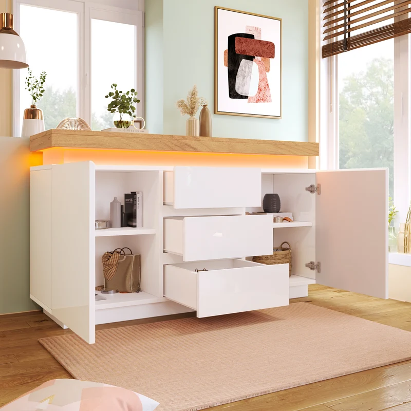 Buffet moderne blanc brillant avec éclairage LED réglable, 2 portes et 3 tiroirs COENOSTEUM