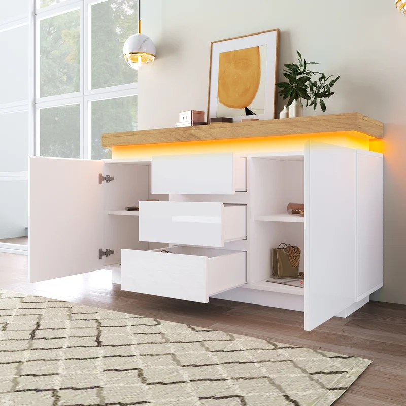Buffet moderne blanc brillant avec éclairage LED réglable, 2 portes et 3 tiroirs COENOSTEUM