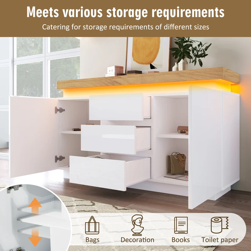 Buffet moderne blanc brillant avec éclairage LED réglable, 2 portes et 3 tiroirs COENOSTEUM