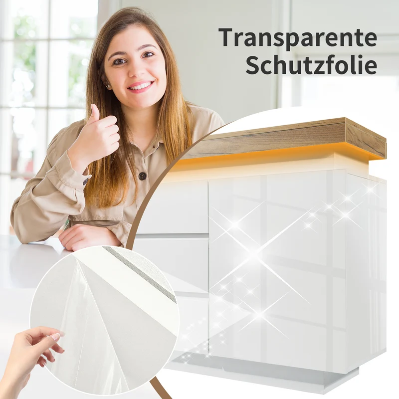 Buffet moderne blanc brillant avec éclairage LED réglable, 2 portes et 3 tiroirs COENOSTEUM