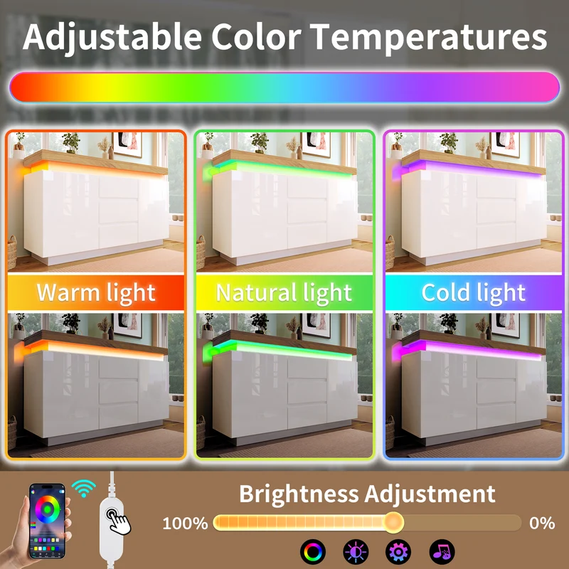 Buffet moderne blanc brillant avec éclairage LED réglable, 2 portes et 3 tiroirs COENOSTEUM
