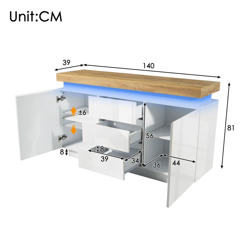 Buffet moderne blanc brillant avec éclairage LED réglable, 2 portes et 3 tiroirs COENOSTEUM