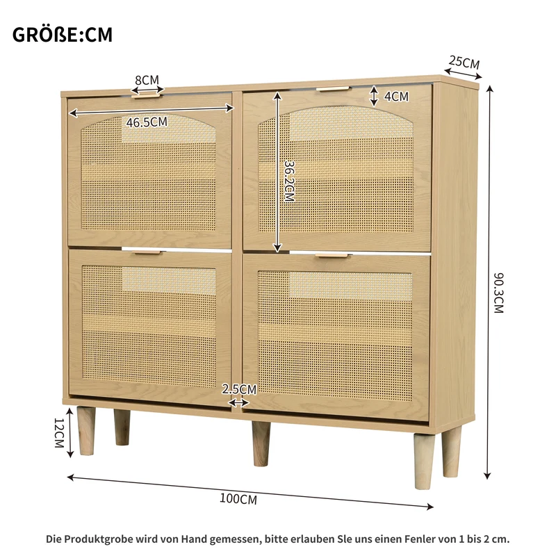 Meuble à chaussures effect chêne clair et rotin avec 4 portes abattantes BASALTCREV