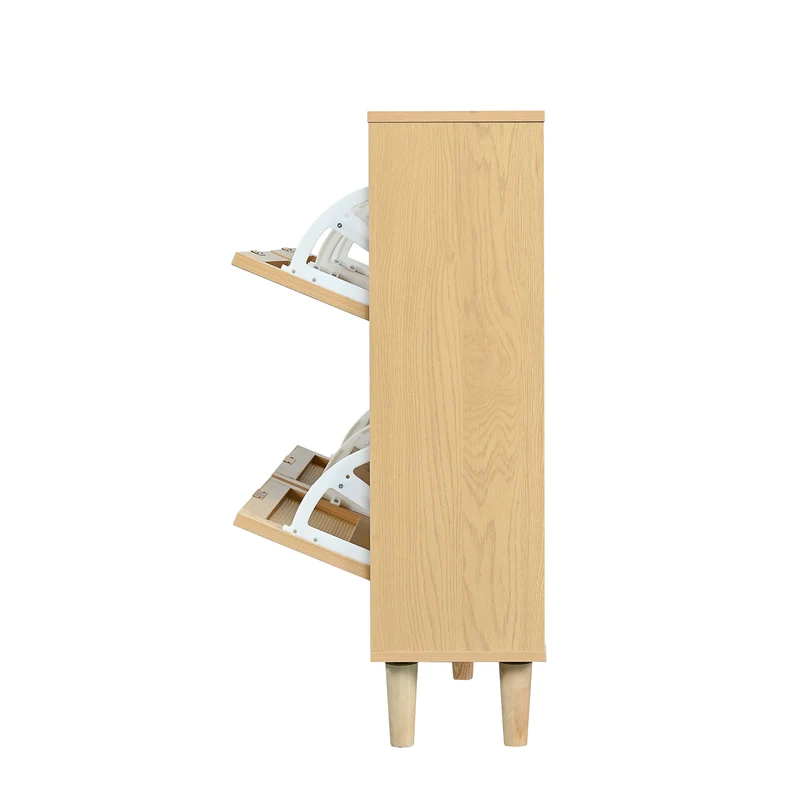 Meuble à chaussures effect chêne clair et rotin avec 4 portes abattantes BASALTCREV