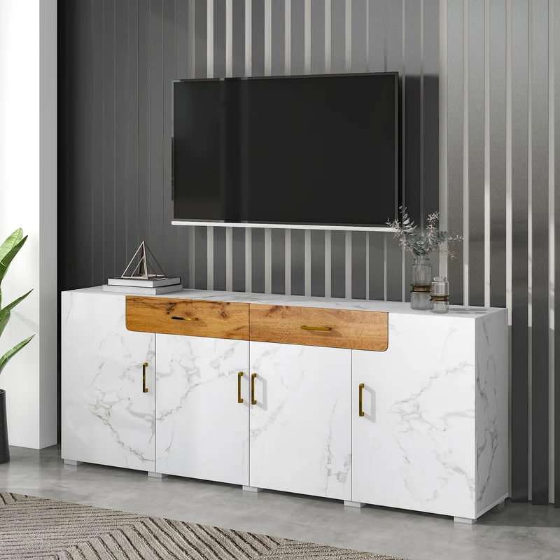 Buffet blanc effet marbre 4 portes 2 tiroirs 208x39,5x80cm ELAD