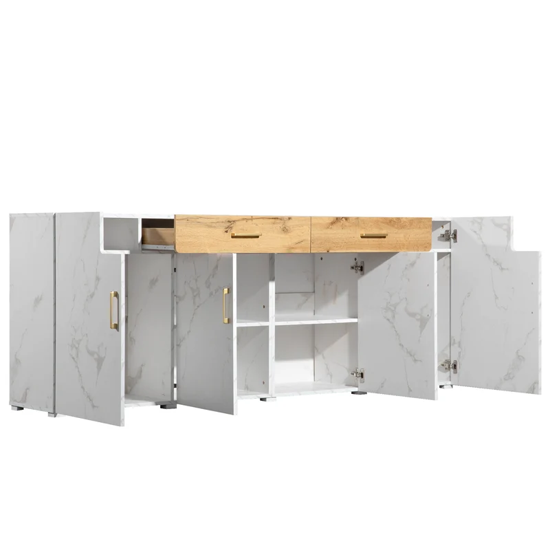 Buffet blanc effet marbre 4 portes 2 tiroirs 208x39,5x80cm ELAD