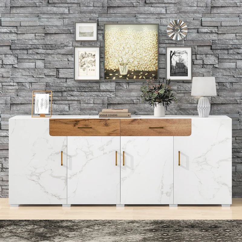 Buffet blanc effet marbre 4 portes 2 tiroirs 208x39,5x80cm ELAD
