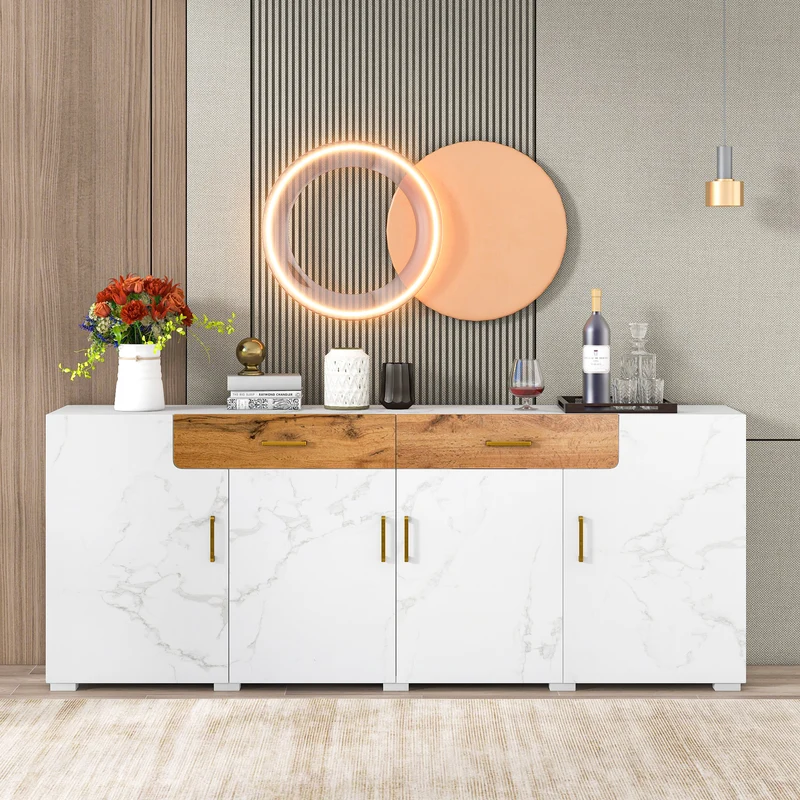Buffet blanc effet marbre 4 portes 2 tiroirs 208x39,5x80cm ELAD