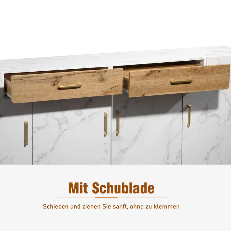 Buffet blanc effet marbre 4 portes 2 tiroirs 208x39,5x80cm ELAD