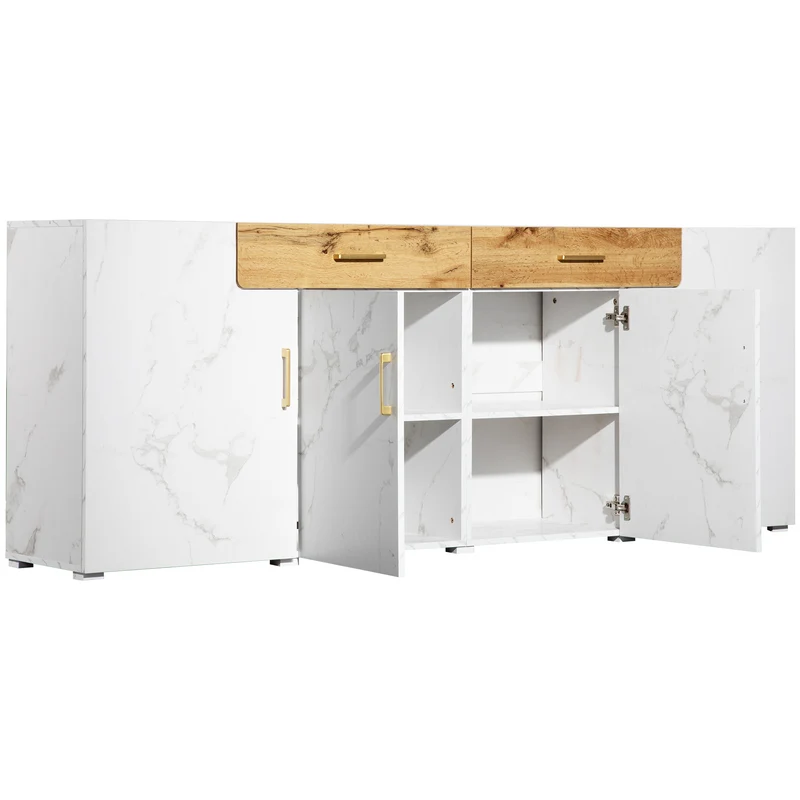 Buffet blanc effet marbre 4 portes 2 tiroirs 208x39,5x80cm ELAD
