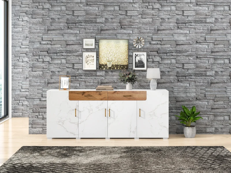 Buffet blanc effet marbre 4 portes 2 tiroirs 208x39,5x80cm ELAD