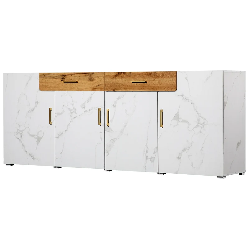 Buffet blanc effet marbre 4 portes 2 tiroirs 208x39,5x80cm ELAD