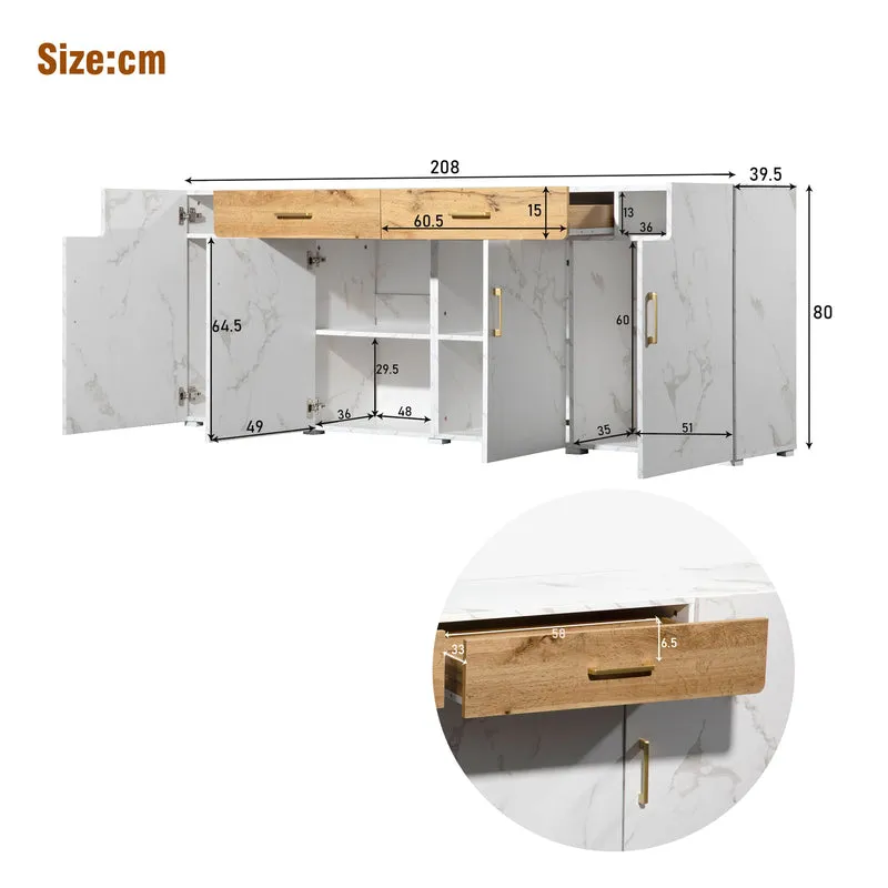 Buffet blanc effet marbre 4 portes 2 tiroirs 208x39,5x80cm ELAD