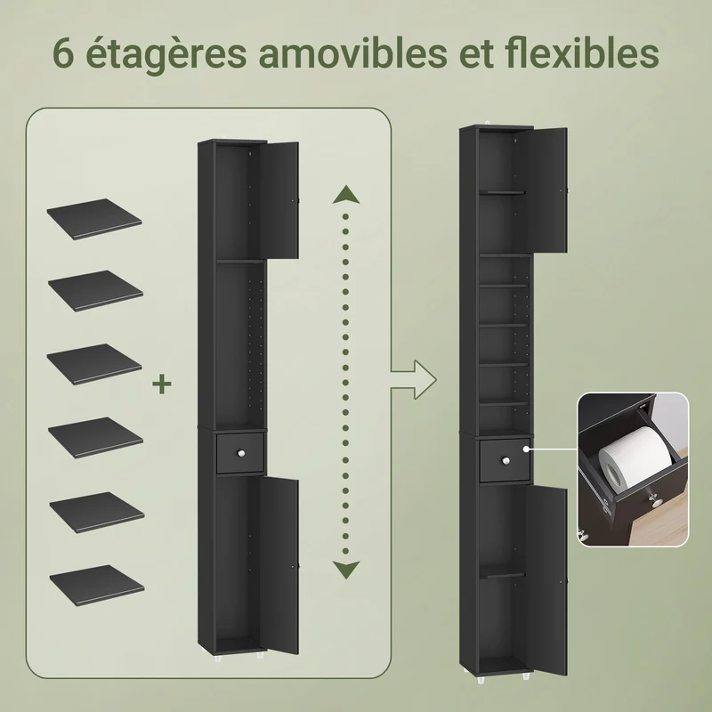 SoBuy BZR34-II-SCH Colonne Salle de Bain Étroite 20 cm – Gain de Place, Noir