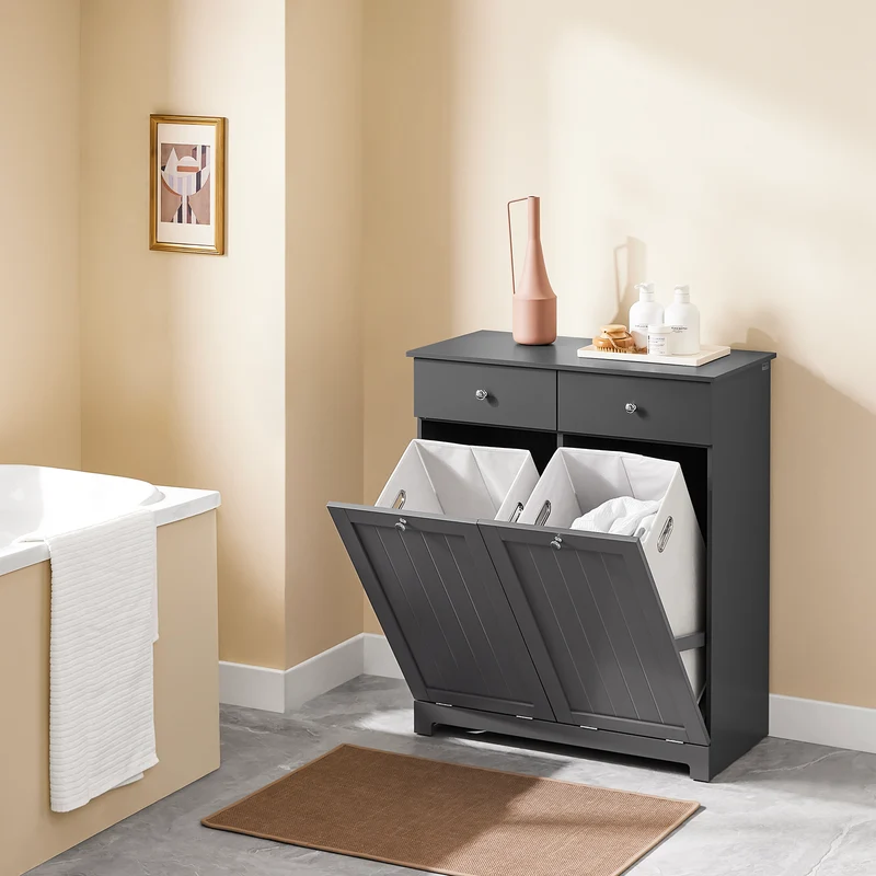 SoBuy BZR33-II-DG Meuble Salle de Bain avec Panier à Linge, 2 Tiroirs, Grande Capacité, pour Salle de Bain et WC, Rangement Optimisé – L78×P38×H90 cm, Gris