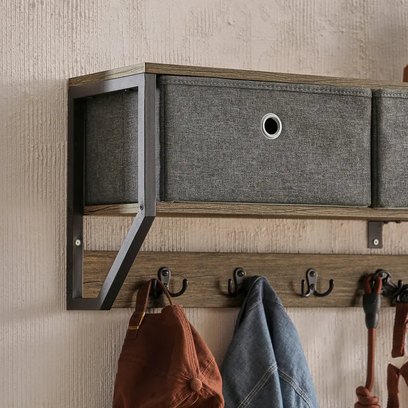 SoBuy FHK26-N Portemanteau Mural Meuble d’Entrée Vestiaire Portant à Vêtements Étagère Murale avec 3 Paniers et 7 Crochets Doubles, Style Industriel 100x20x30 cm