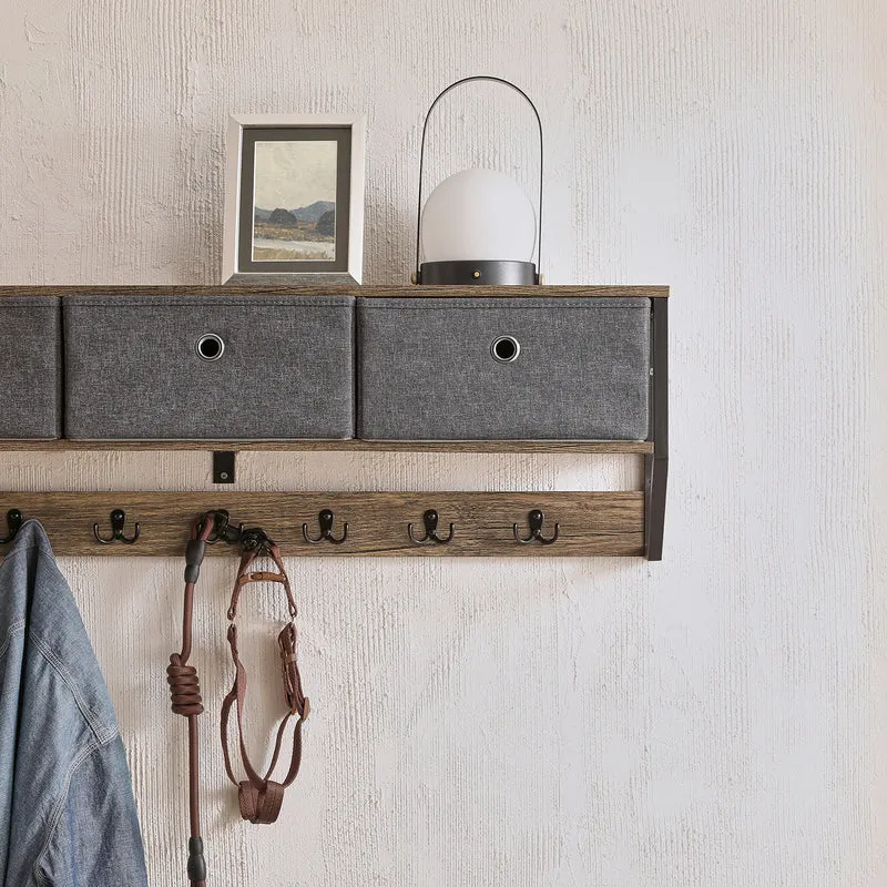 SoBuy FHK26-N Portemanteau Mural Meuble d’Entrée Vestiaire Portant à Vêtements Étagère Murale avec 3 Paniers et 7 Crochets Doubles, Style Industriel 100x20x30 cm