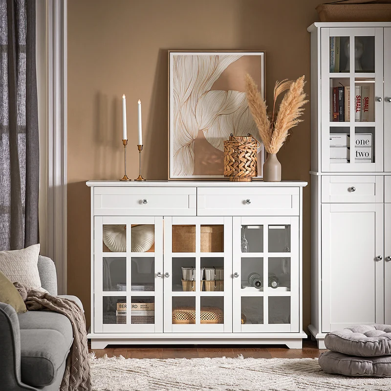 SoBuy FSB77-W Buffet Cuisine avec 3 Portes Vitrées et 2 Tiroirs, pour Cuisine et Salle à Manger, Rangement Optimisé, Design Fonctionnel – L119×P40×H90 cm, Blanc