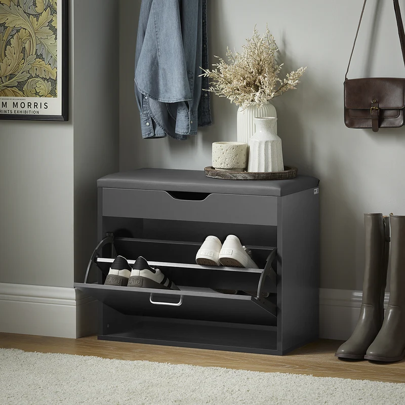 SoBuy FSR95-HG Banc à Chaussures avec Coussin Rembourré et 1 Abattant Rabattable, Charge 120 kg – 60x30x50 cm, Gris