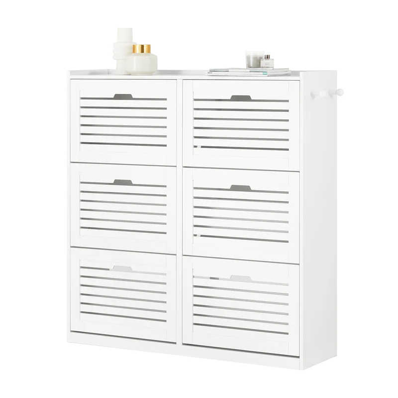 SoBuy FSR145-W Armoire à Chaussures 6 Abattants avec 2 Crochets – 115 × 30 × 112 cm, Blanc