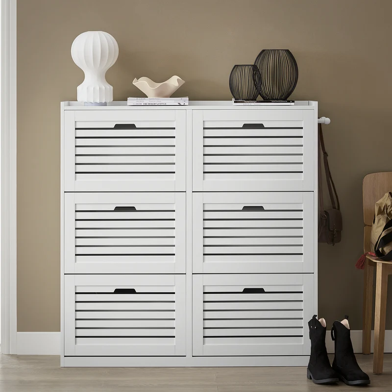 SoBuy FSR145-W Armoire à Chaussures 6 Abattants avec 2 Crochets – 115 × 30 × 112 cm, Blanc