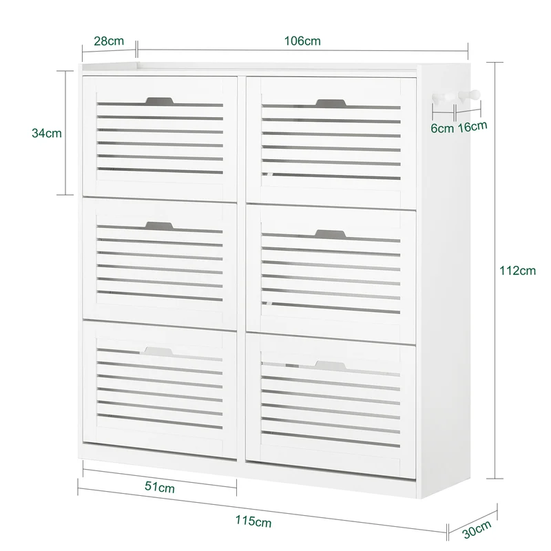 SoBuy FSR145-W Armoire à Chaussures 6 Abattants avec 2 Crochets – 115 × 30 × 112 cm, Blanc
