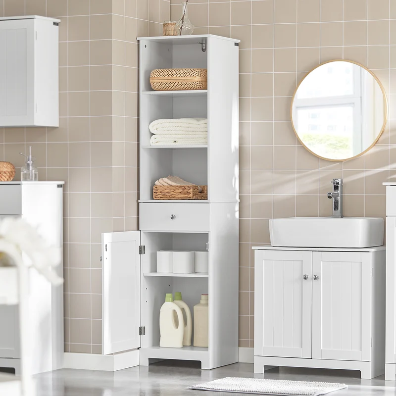 SoBuy BZR17-W Colonne Salle de Bain Meuble Salle de Bain Rangement avec Armoire et 3 Étagères Ouvertes, Petit Meuble Compact avec 1 Tiroir pour WC, Chambre 40x161x35 cm