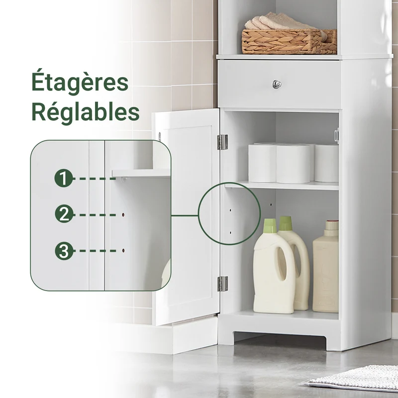 SoBuy BZR17-W Colonne Salle de Bain Meuble Salle de Bain Rangement avec Armoire et 3 Étagères Ouvertes, Petit Meuble Compact avec 1 Tiroir pour WC, Chambre 40x161x35 cm