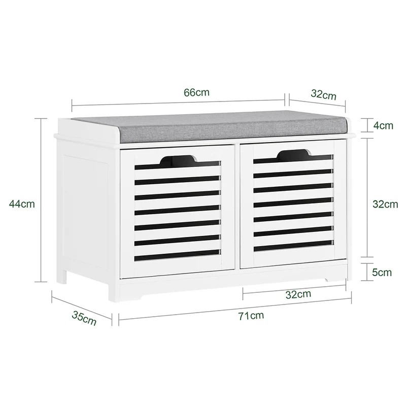 SoBuy FSR23-K-W Banc à Chaussures avec Coussin Rembourré et 2 Cubes de Rangement pour Entrée – 71x34x43 cm, Blanc