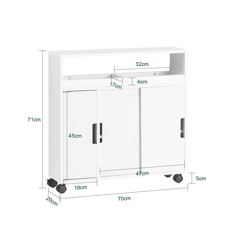 SoBuy BZR02-W Meuble Salle de Bain à Roulettes avec 2 Portes Coulissantes – L70×P20×H71 cm, Charge 30 kg, MDF E1, Blanc